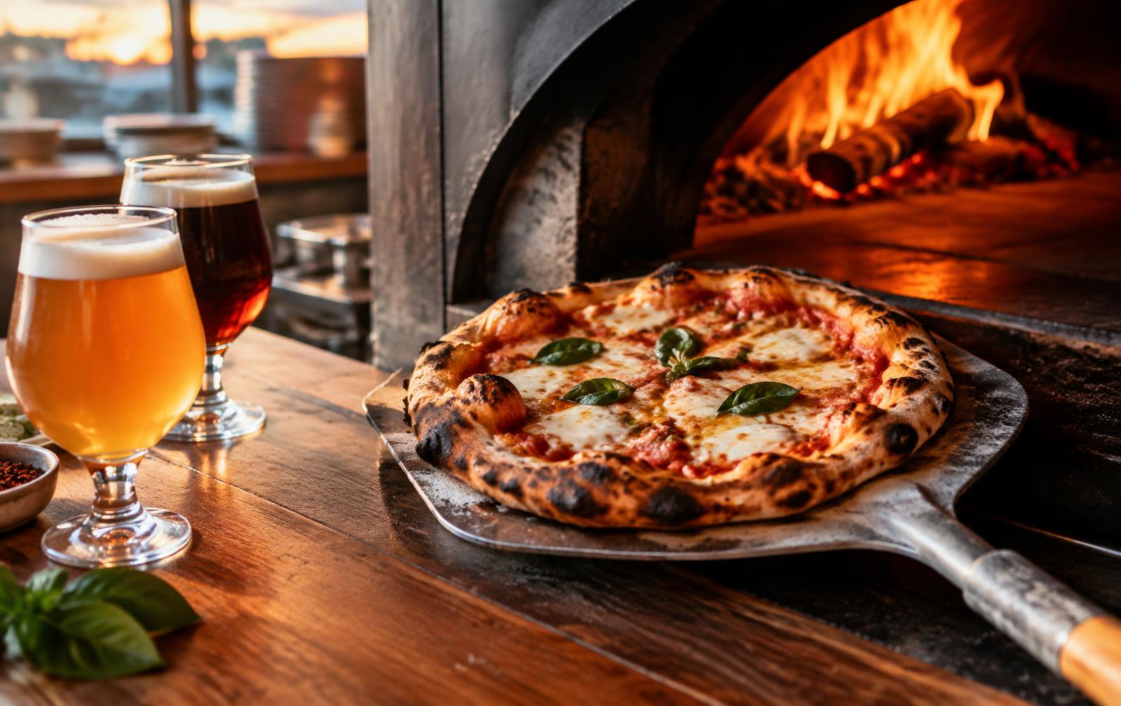 Wood-fired pizza beside craft beer at The Garage